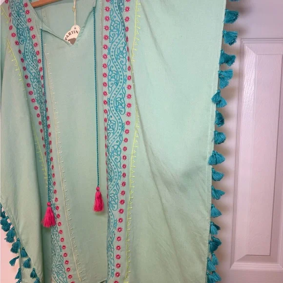 Spartina 449 Aqua Kaftan Cover Up Embroidered Tassel Boho Beach OS NWT Colorful - Picture 3 of 11